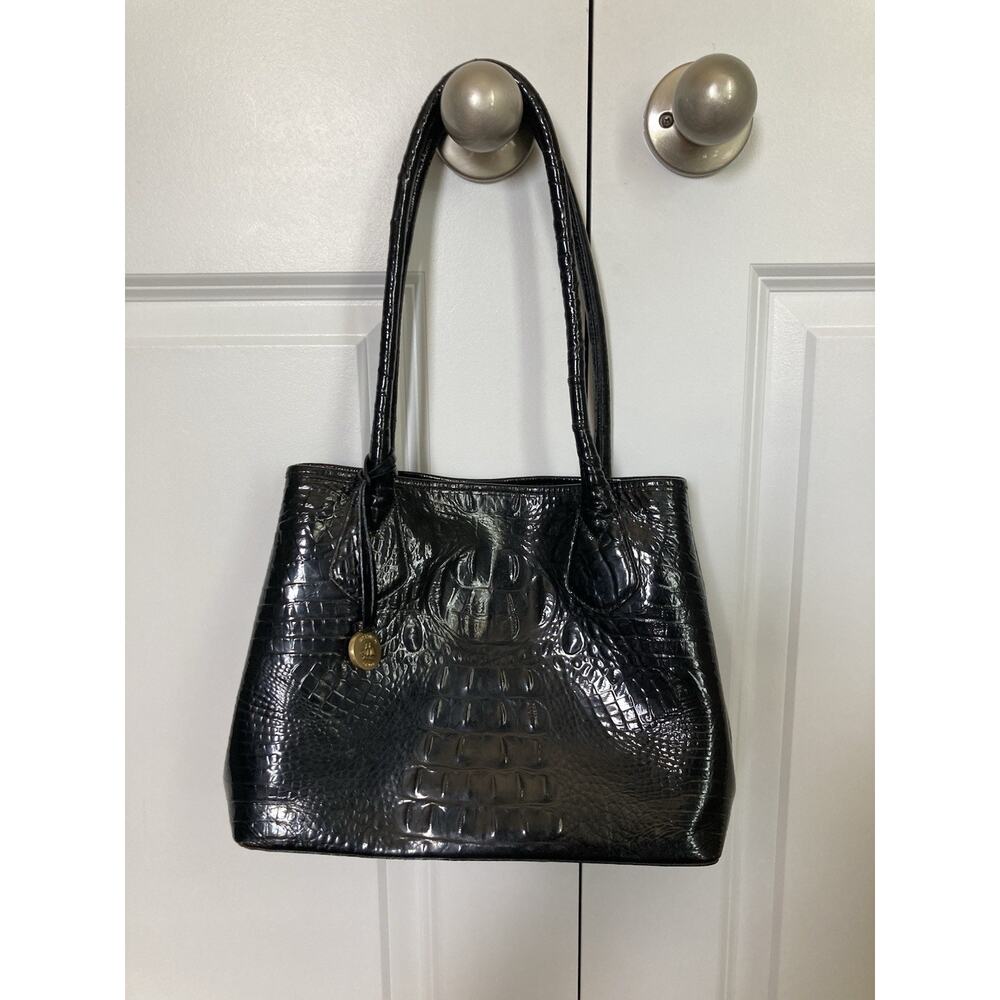 Brahmin Black Patent Leather Crocodile Embossed Double Handles Tote Shoulder Bag